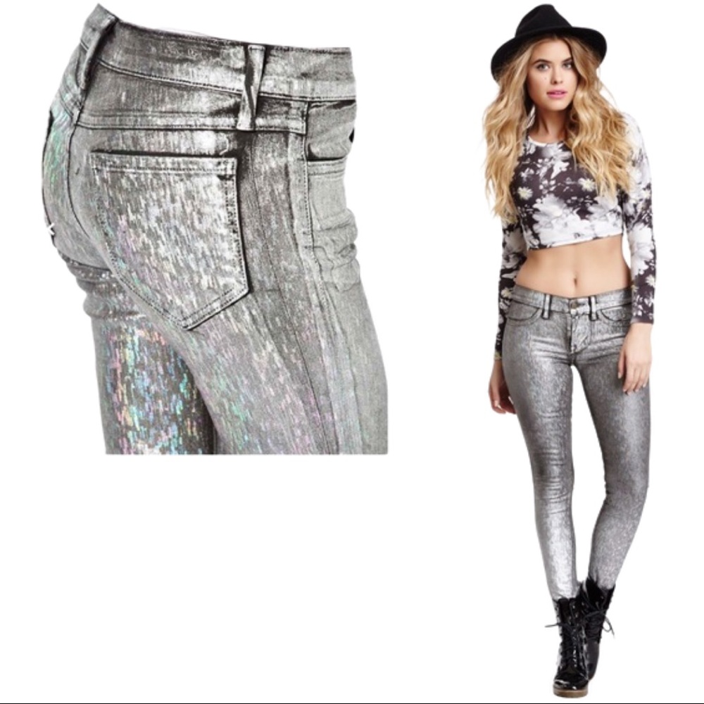NWT Wildfox Skinny Silver Metallic Jeans Sz 25